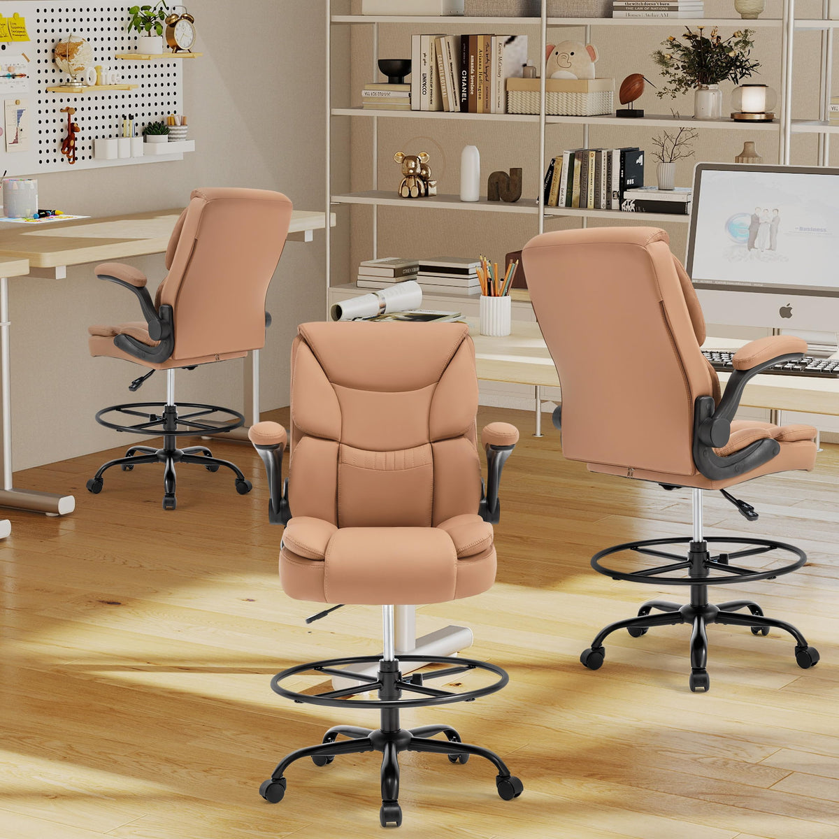 Brown High Back Upholstered Drafting Chair with Flip-up Armrests C342128
