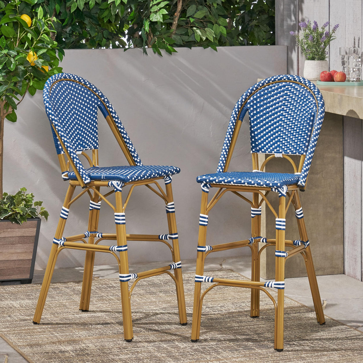 Teal Blue Rattan Counter Height Bar Stools Set of 2 C7858