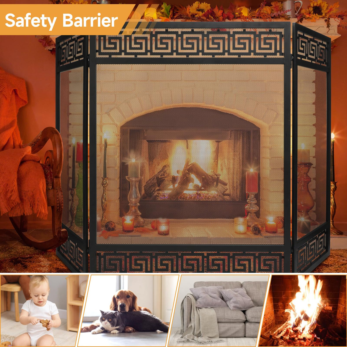 50"x32" 3 Panel Steel Fireplace Screen W82844